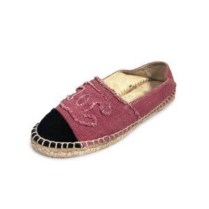 Authentic CHANEL CC Logo Linen Pink Black Espadrilles Flats Shoes 38